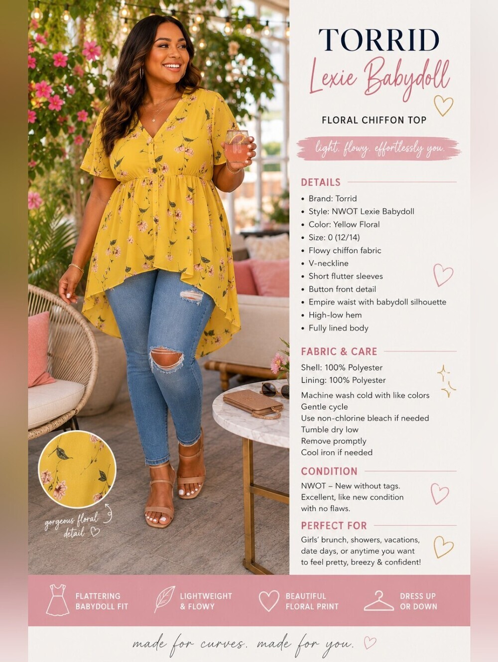 Torrid Lexie Babydoll Chiffon Top – Yellow Floral – Size 0 (L/12) NWOT - Picture 2 of 16